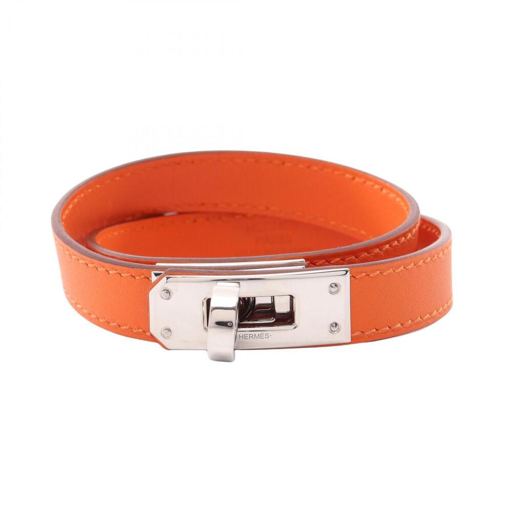 HERMES Silver Leather Charm Bracelet